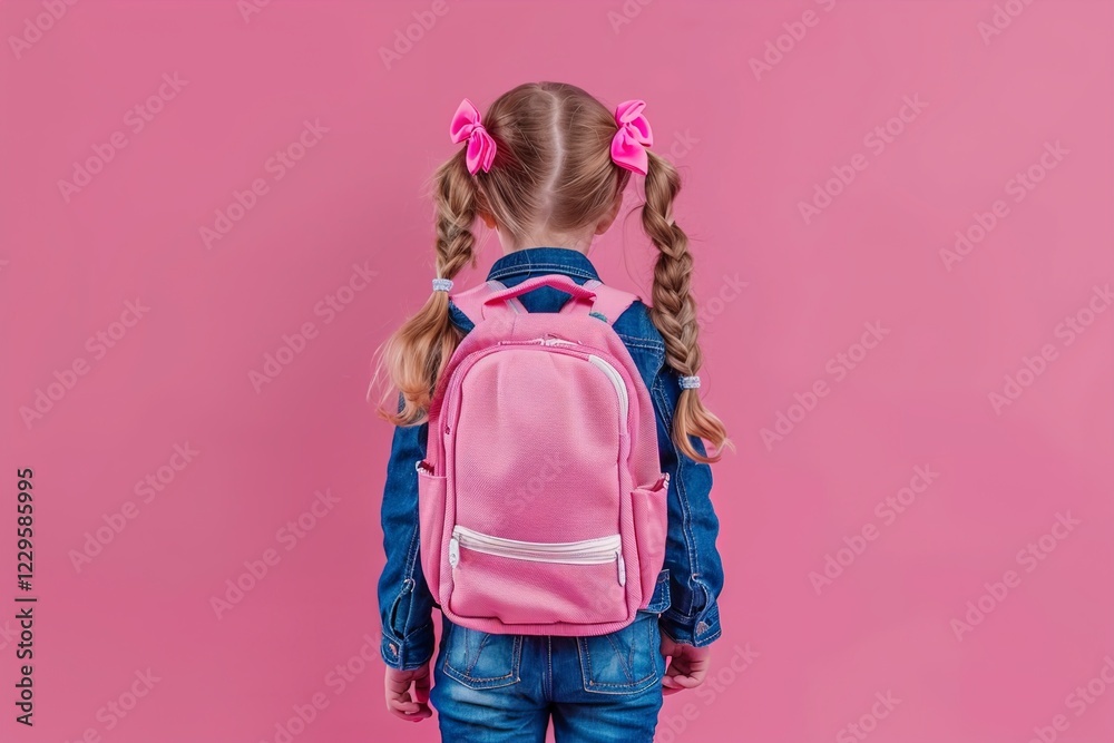 A Little girl with schooling on pink background back view A Little girl with schooling on pink background back view