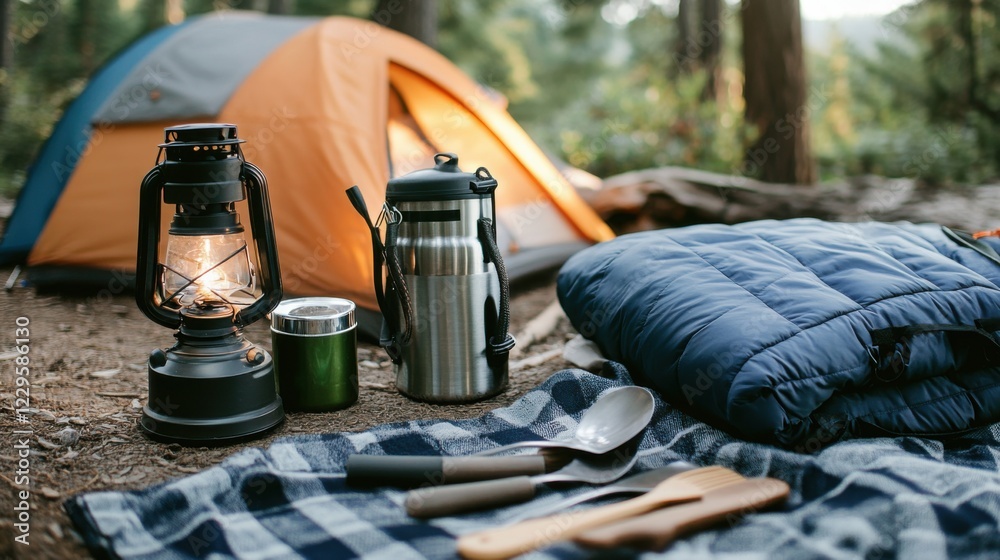 Fototapeta premium Neatly arranged camping gear in a forest clearing, emphasizing relaxation and adventure. Ideal for camping and outdoor content.