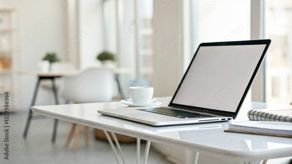 Sleek laptop computer on a minimalist desk with a soft focus background, focus, keyboard, mouse, desktop Sleek laptop computer on a minimalist desk with a soft focus background, focus, keyboard, mouse, desktop