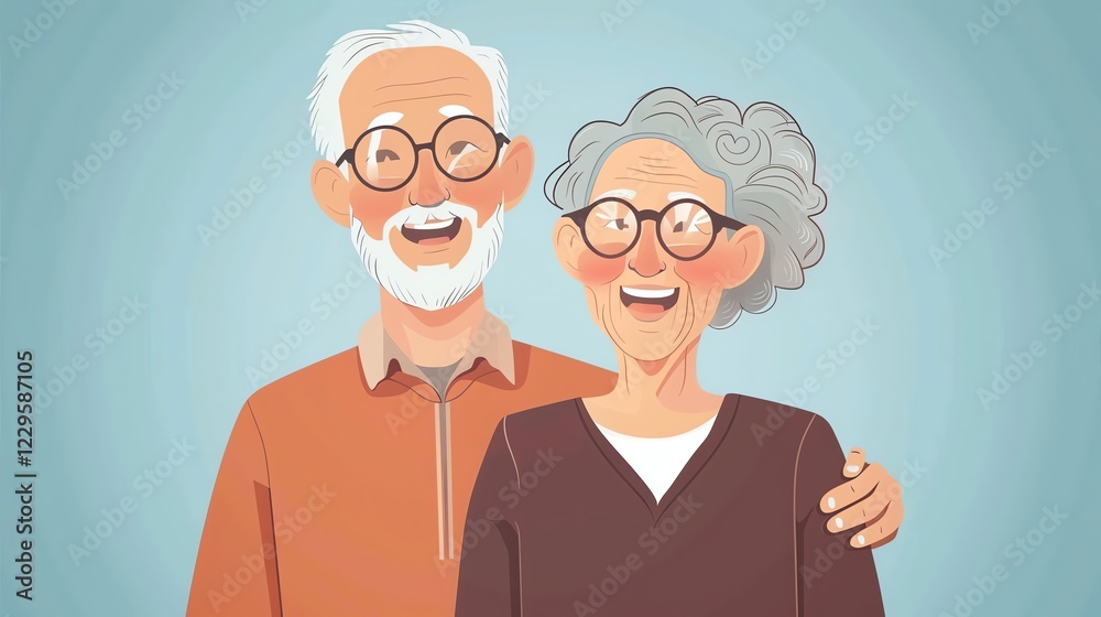 A cartoon illustration of an older couple smiling at the camera. A cartoon illustration of an older couple smiling at the camera.