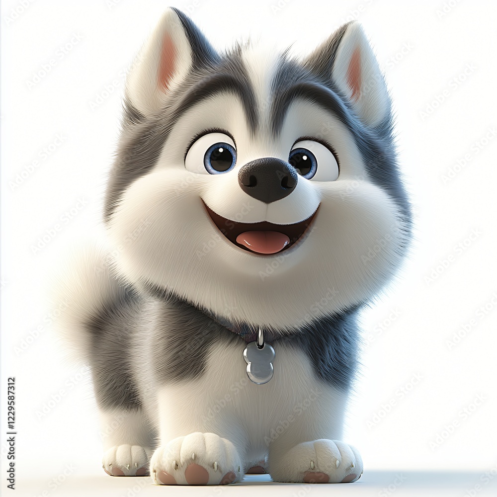 Obraz premium Adorable Cartoon Husky Puppy 3D Rendered Happy Expression White Background