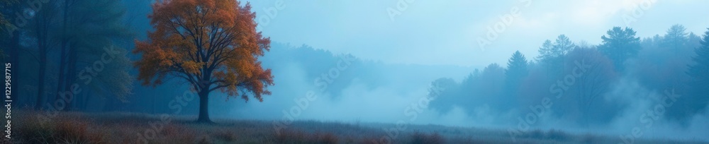 Fototapeta premium Thin blue mist swirls around a forest tree in autumn fog, fog, nature
