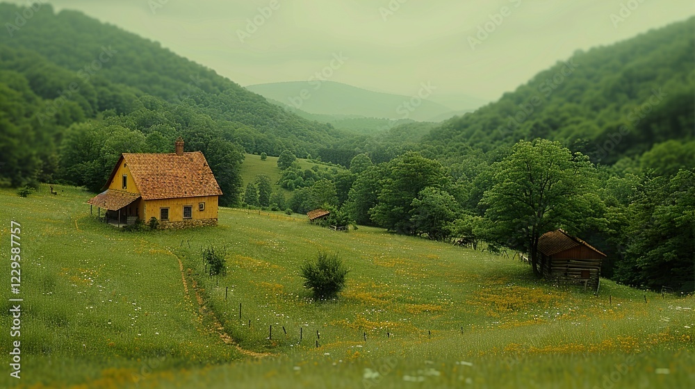 A peaceful village surrounded by green fields in 4K HD 8K wallpaper Photographic Image A peaceful village surrounded by green fields in 4K HD 8K wallpaper Photographic Image