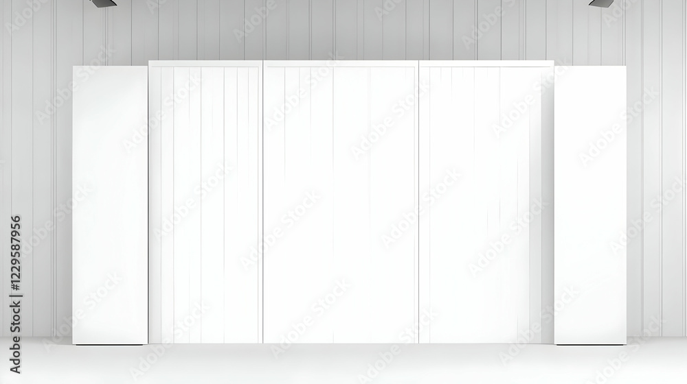 White Exhibition Booth with Empty Panels Displays Products Perfectly in a Bright Showroom White Exhibition Booth with Empty Panels Displays Products Perfectly in a Bright Showroom