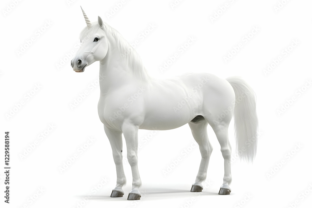 Majestic White Unicorn Stands Proudly on a White Background, a Symbol of Purity and Magic Majestic White Unicorn Stands Proudly on a White Background, a Symbol of Purity and Magic