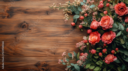Frame of beautiful red roses and spring flowers on wooden background. Copy space. Advertising background for Valentine's Day, Birthday, Spring and Summer Holidays