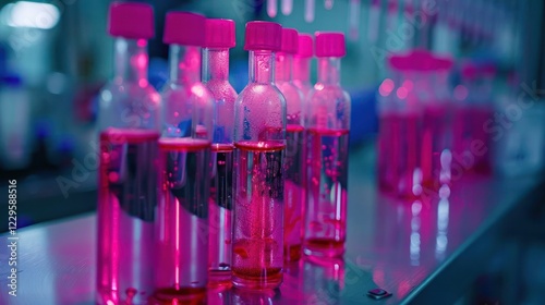 Laboratory scene with pink liquid in bottles, showcasing scientific experimentation and research photo