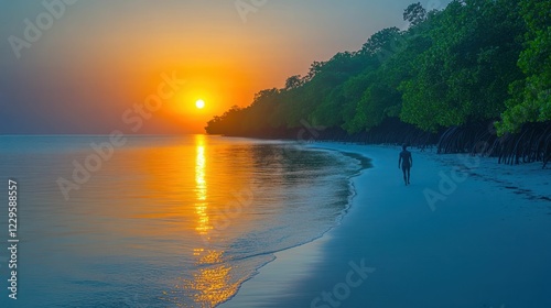 Solitary figure walks sunset beach, mangrove trees.