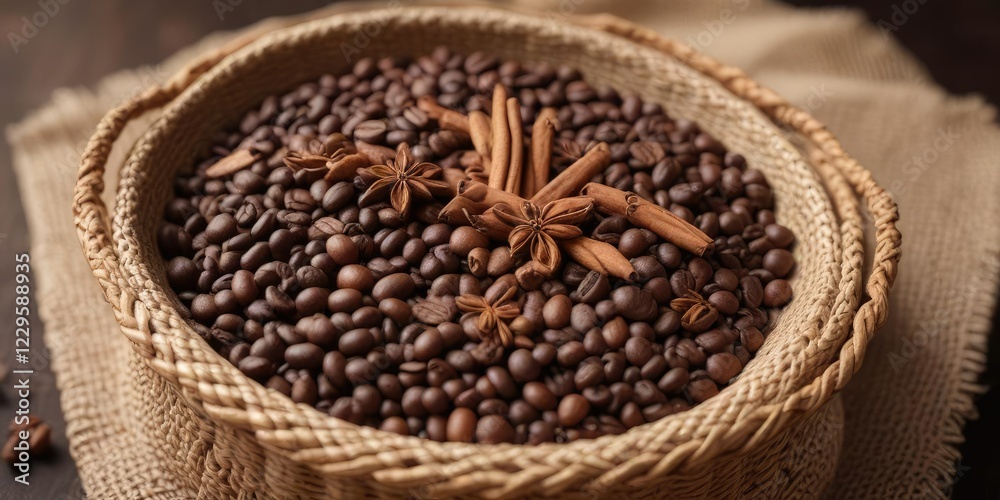 Coffee beans with cinnamon and anise arranged on a woven basket , coffee, organic, rustic Coffee beans with cinnamon and anise arranged on a woven basket , coffee, organic, rustic