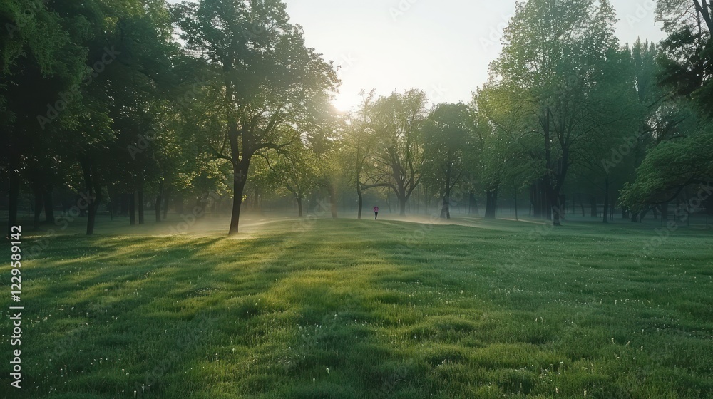 Obraz premium Serene morning in a lush green park with sunlight filtering through trees and mist