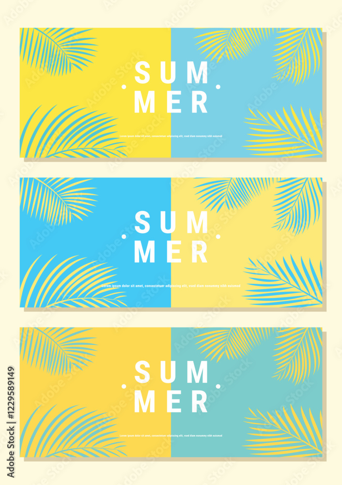 Creative summer sale banner in trendy bright colors with tropical leaves and discount text. Season promotion illustration.