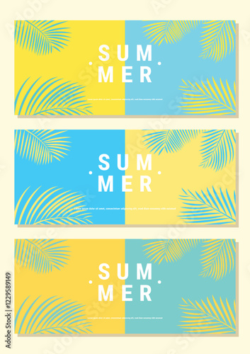 Obraz na płótnie Creative summer sale banner in trendy bright colors with tropical leaves and discount text. Season promotion illustration. w salonie