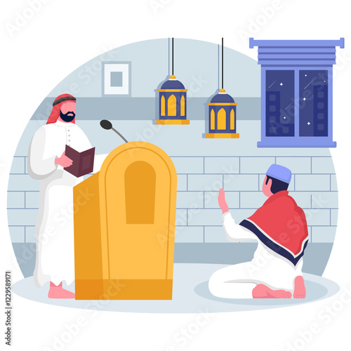 Khatib wearing thawb during a Friday prayer concept, Public preaching on formal occasion vector Icon design, ramadan and Eid al-Fitr Banner, Muslim fasting month scene, Arabic holidays illustration