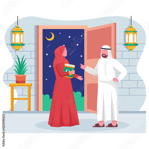 Emirati couple Talking About upcoming Festival concept Evening Gatherings During Eid Holidays vector icon design ramadan ied al-Fitr Banner, Muslim fasting month scene Arabs home Interior illustration