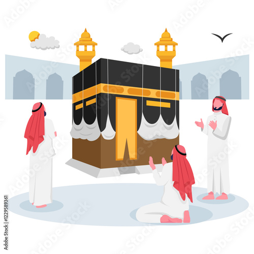 Saudi Mens Around Mataf Masjid al-Haram, Traditional Clothing people Dua at Kaaba vector icon design,  ramadan and Eid al-Fitr Banner, Muslim fasting month scene, Arabic holidays illustration