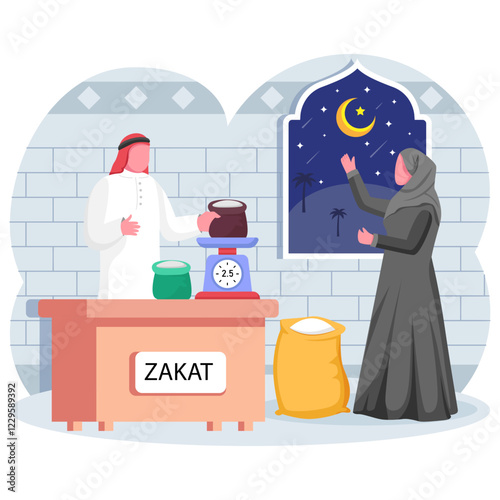 Couple calculating their Zakat Money together concept, Sharing Blessings in Night of Charity vector icon design, Ramadan and Eid al-Fitr Banner, Muslim fasting month scene Arabic holidays illustration
