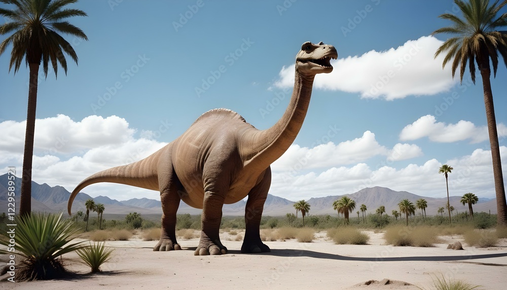 Fototapeta premium Un gran dinosaurio brontosaurio marrón parado en un paisaje desértico con palmeras, bajo un cielo azul nublado