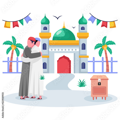 Two men are warmly embracing and wearing thobe Concept, expressing love brotherhood outside vector icon design ramadan and Eid al-Fitr Banner, Muslim fasting month scene, Arabic holidays illustration