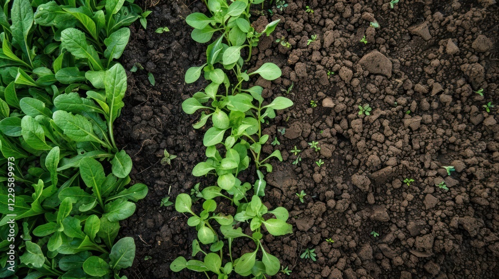 Lush green seedlings emerging from rich dark soil in a cultivated garden, showcasing growth Lush green seedlings emerging from rich dark soil in a cultivated garden, showcasing growth
