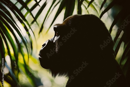 muzzle of gorilla profile silhouette with leaves of tropical vegetation of exotic forests the concept of protecting animals and forest environment  photo