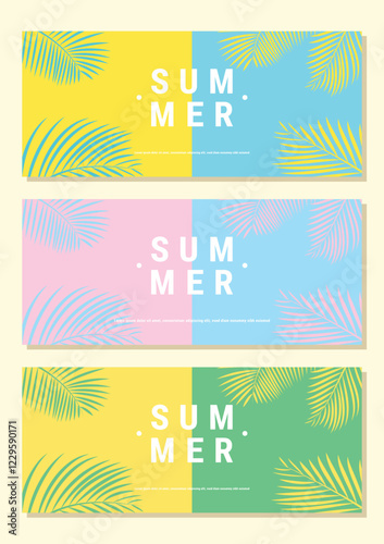 Creative summer sale banner in trendy bright colors with tropical leaves and discount text. Season promotion illustration.