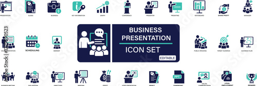  Business presentation icon set Containing seminar, sales presentation, keynote, meeting, whiteboard, conference , business plan You can easily change the color