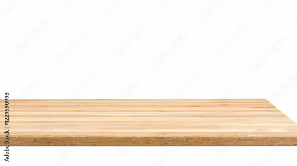 Empty light brown wooden table top isolated on a white background for product placement.