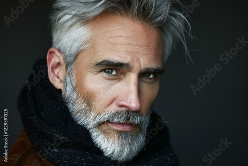 Close up portrait of a stylish mature man showcasing his gray hair and beard, adding a touch of sophistication to his look with a scarf photo