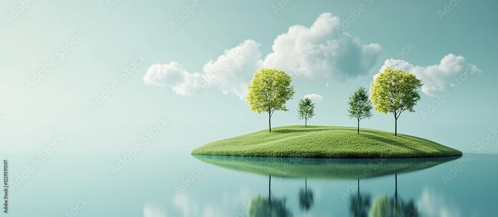 Fototapeta premium Serene island with trees reflected in calm water under a cloudy sky.