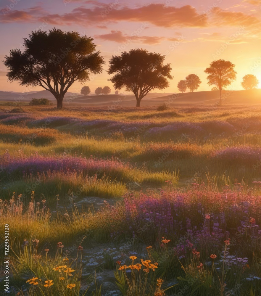 Softly glowing sunset over a wide open field with a few trees and wildflowers adding to the serene ambiance, calming atmosphere, landscape photography, gentle glow Softly glowing sunset over a wide open field with a few trees and wildflowers adding to the serene ambiance, calming atmosphere, landscape photography, gentle glow