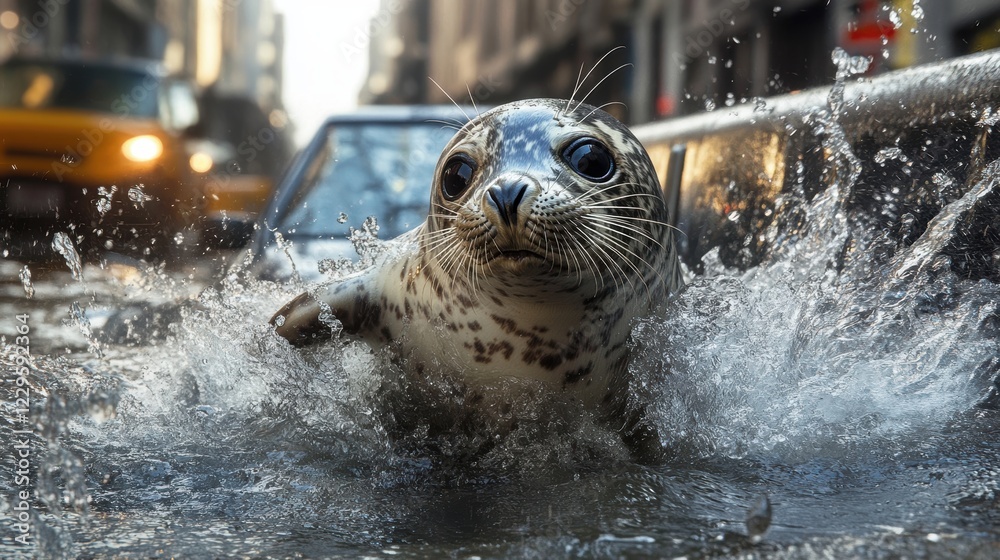 Obraz premium Splashing Baby Seal in Water Delivery Truck City Streets Animal Action Urban Environment Close-Up View Unique Scenario