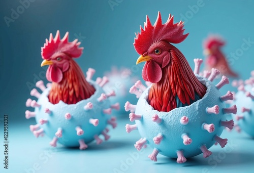 Stylized rooster in a virus-shaped shell depicting avian influenza concept on a blue background.
