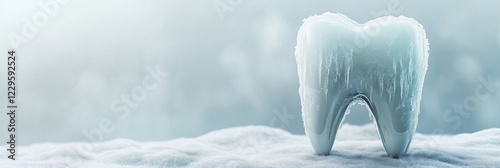 An icy tooth covered in frost and icicles, standing in a snowy environment, evoking a cold and frozen sensation photo