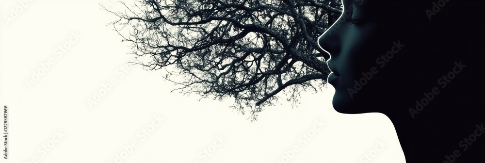 Silhouette of a female profile with tree branches in minimalist composition Silhouette of a female profile with tree branches in minimalist composition