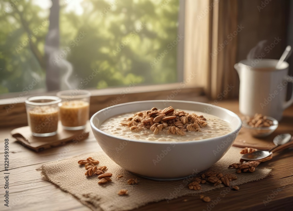 Cozy morning scene with a steaming bowl of oatmeal and granola on a wooden table , texture, morning Cozy morning scene with a steaming bowl of oatmeal and granola on a wooden table , texture, morning