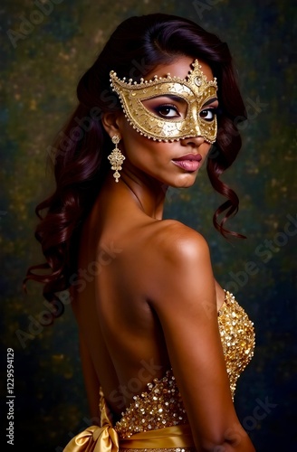 Elegant woman in gold masquerade mask and glamorous gold dress with open back looking over her shoulder at the camera. The concept of beauty, luxury and mystery. photo