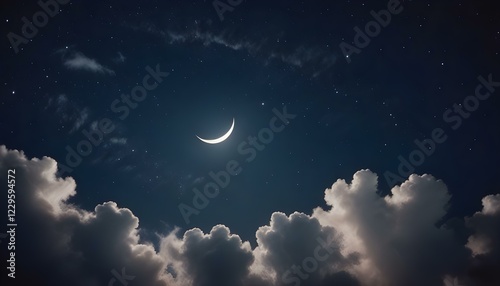 Una luna creciente en un cielo nocturno lleno de estrellas, rodeada de tenues nubes photo