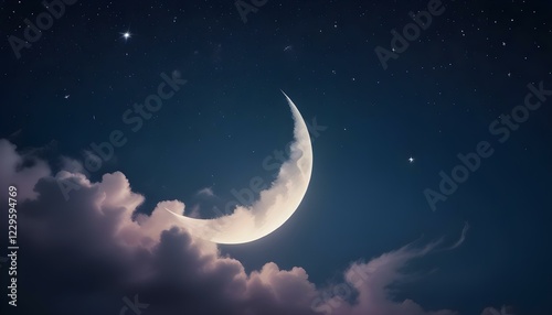 Una luna creciente en un cielo nocturno lleno de estrellas, rodeada de tenues nubes