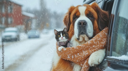 Wallpaper Mural Saint Bernard Driving SUV with Tiny Scott Winter Wonderland Pet Adventure Snowy Streets Whimsical Journey Torontodigital.ca