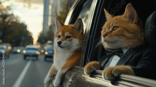 Tuxedo Cat Driving with Shiba Inu in City Fun Animal Adventure Urban Setting Whimsical Perspective