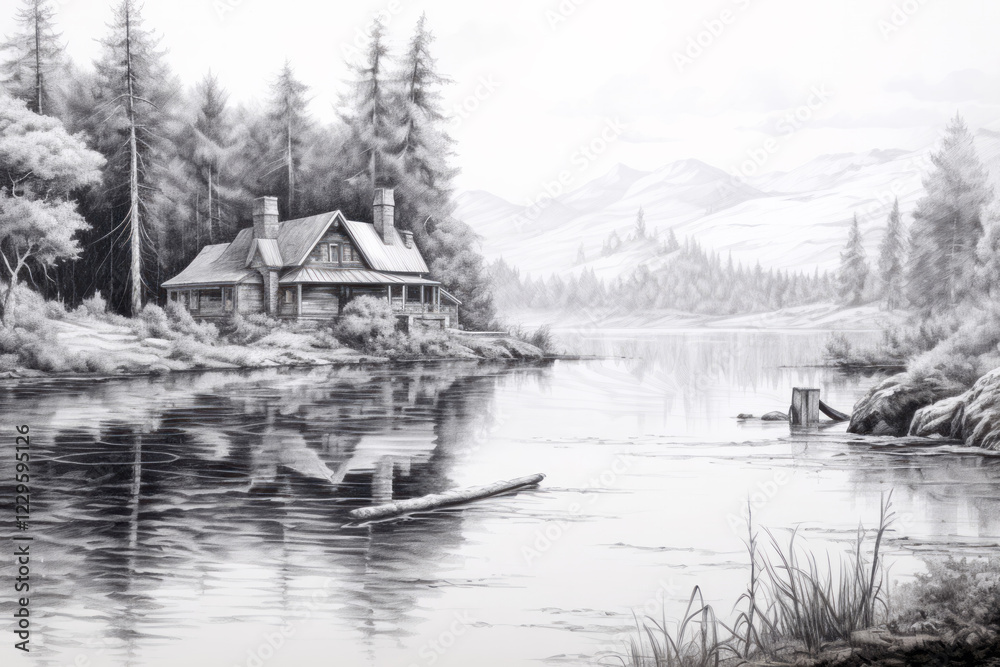 Fototapeta premium Landscape Mountains Valley Nature Adventure Ink Sketch Style