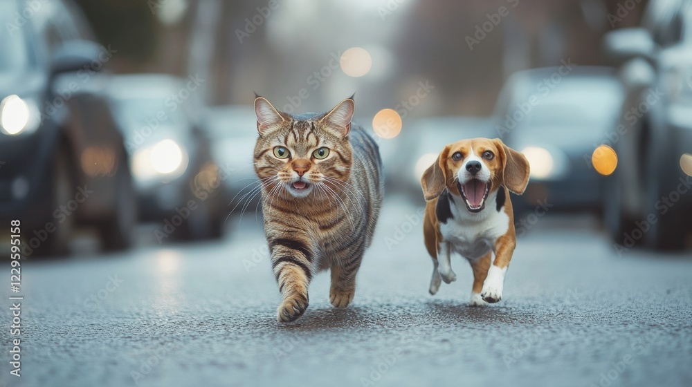 Naklejka premium Bengal Cat and Beagle Race Through Traffic City Street Animal Adventure Urban Setting Dynamic Scene
