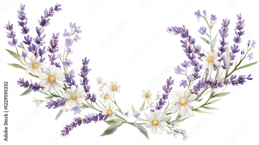 Naklejka premium A Soft Watercolor Wreath Featuring Lavender Sprigs and Daisies in Pastel Hues
