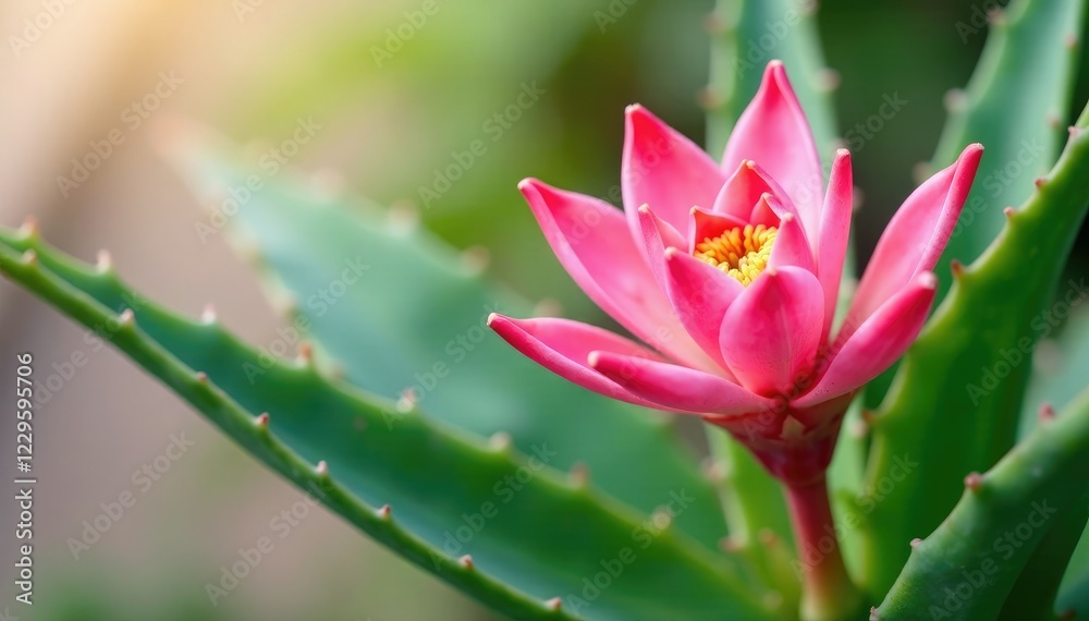 Pink Aloe Vera flowers blooming on the green plant stem, green, blooming Pink Aloe Vera flowers blooming on the green plant stem, green, blooming