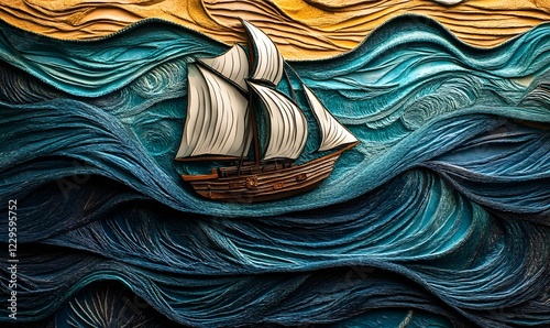 Sailing ship relief art, ocean waves background, wall decor photo