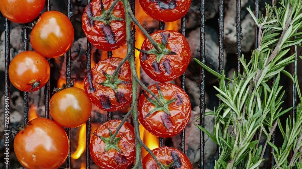 Fototapeta premium Grilling juicy tomatoes and fresh herbs backyard barbecue food photography summer vibes close-up view culinary delight