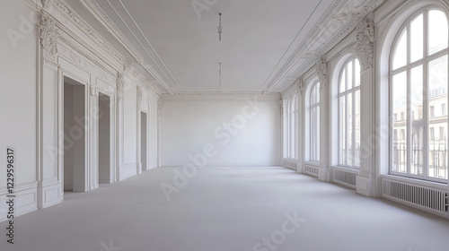 Empty white room with white walls and floor, a mockup of classic interior design with decorative arches on the left side. 
