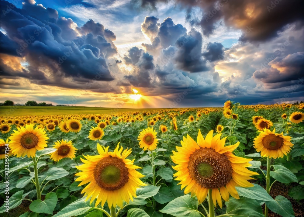 Obraz premium A surreal panorama: vibrant sunflowers bask in a dramatic sky, fluffy clouds contrasting lush greens.