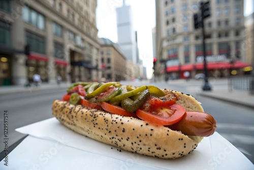 A classic Chicago-style hot dog, fully dressed with sport peppers, tomato slices, relish, mustard, and celery salt.
