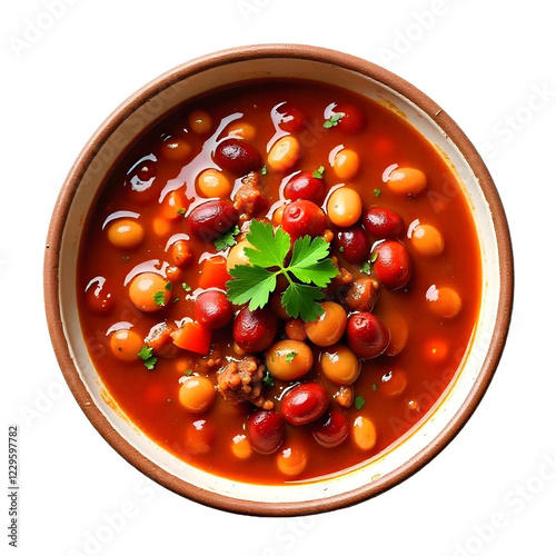 Top view of a bowl of chili con carne with red beans, beef, and chili peppers. 